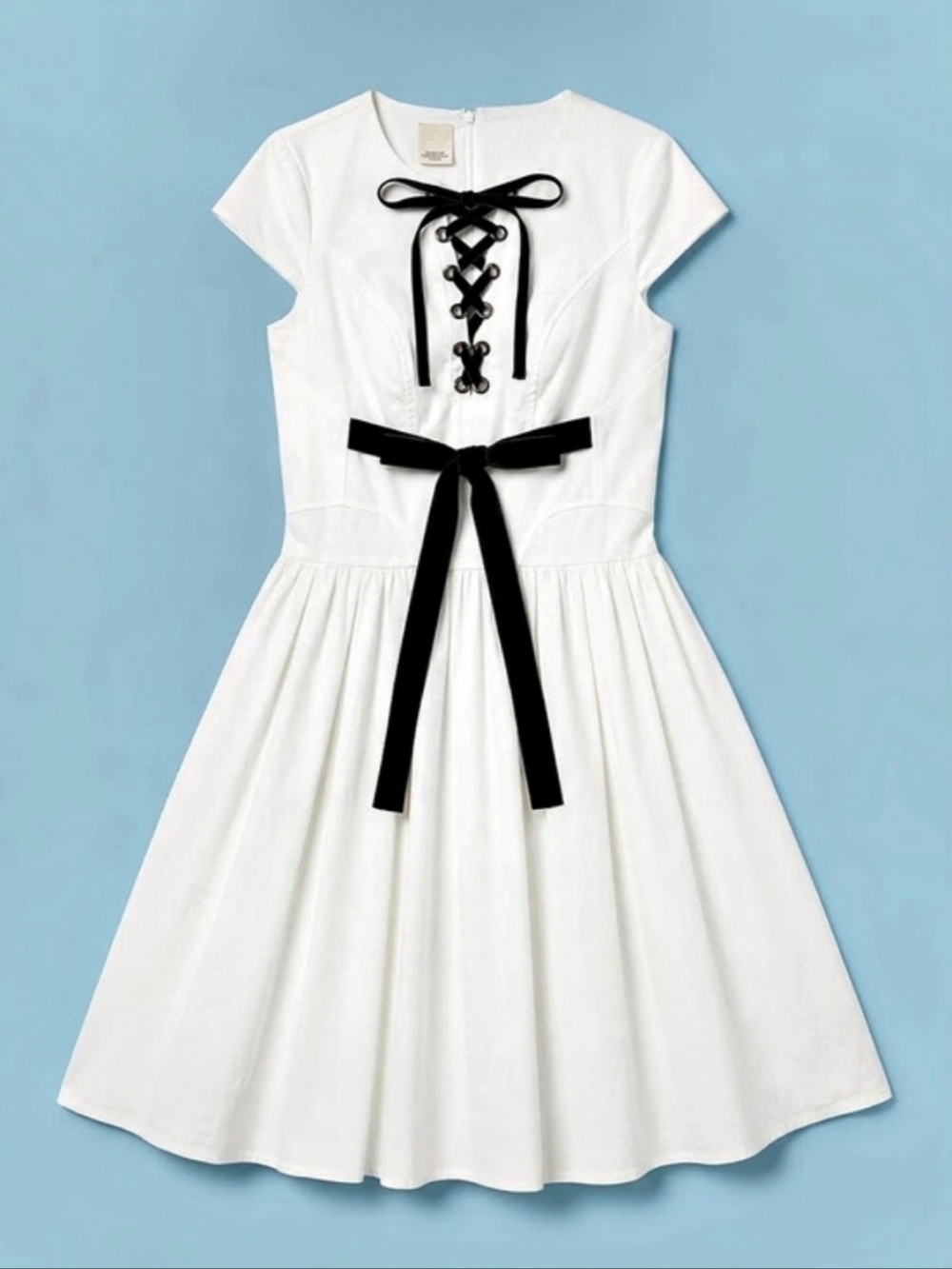 Eureka Lace-Up Midi Dress in White & Navy Size 44 Like New